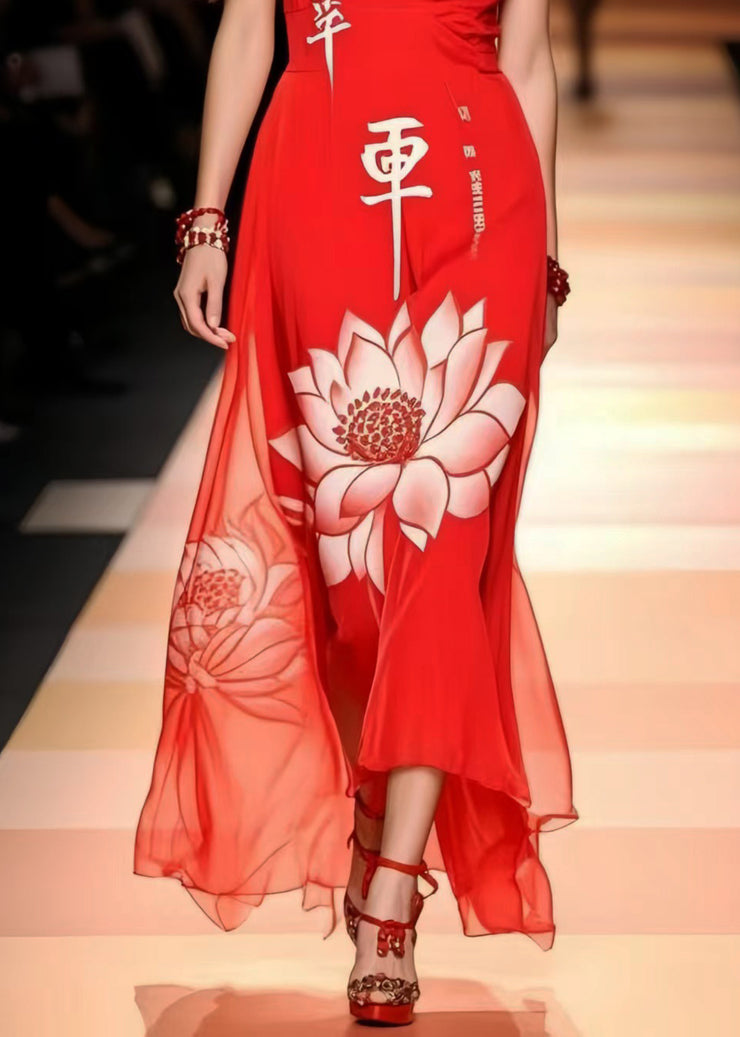 Vintage Red Lotus Print Chiffon Cami Dresses Summer