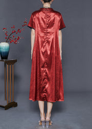 Vintage Red Mandarin Collar Embroidered Silk Dresses Summer