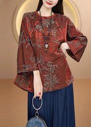 Vintage Red O Neck Oriental Button Jacquard Silk Top Fall