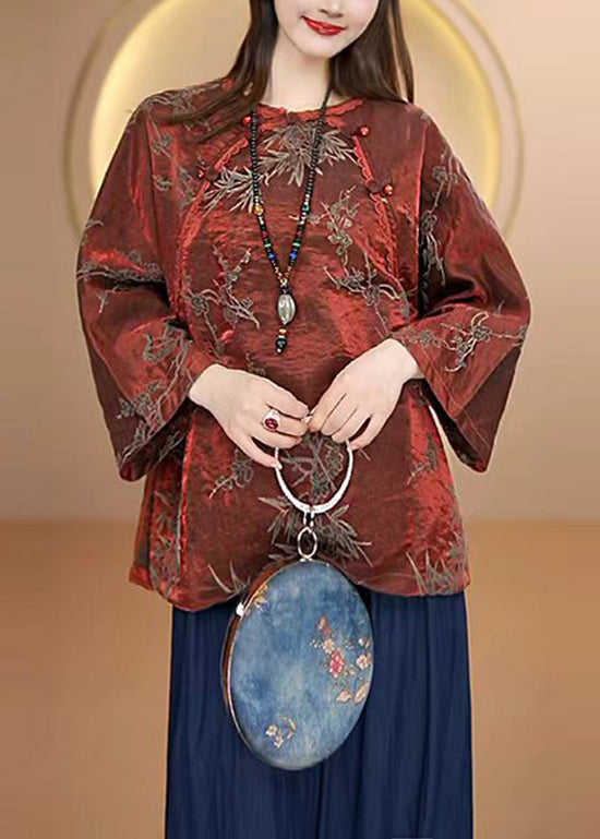 Vintage Red O Neck Oriental Button Jacquard Silk Top Fall