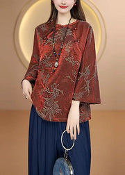Vintage Red O Neck Oriental Button Jacquard Silk Top Fall
