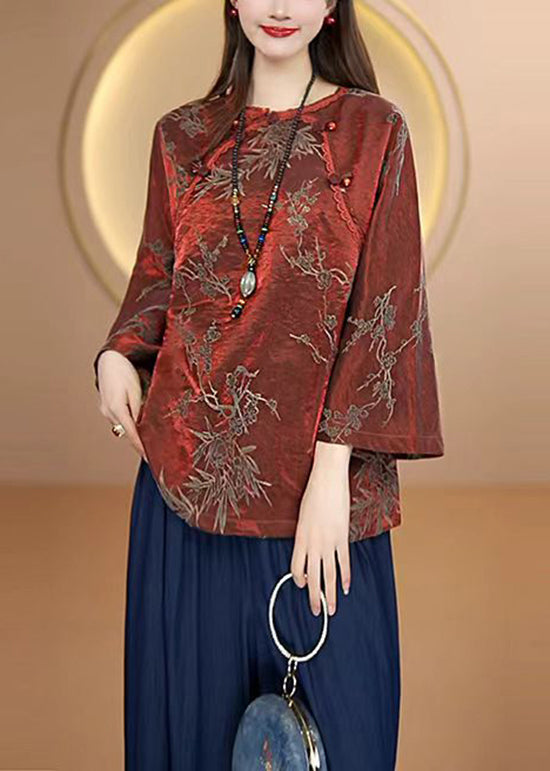 Vintage Red O Neck Oriental Button Jacquard Silk Top Fall