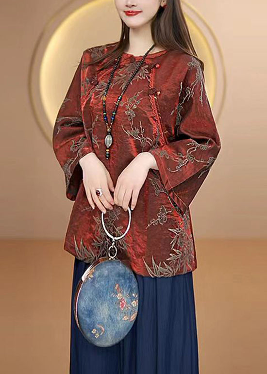 Vintage Red O Neck Oriental Button Jacquard Silk Top Fall