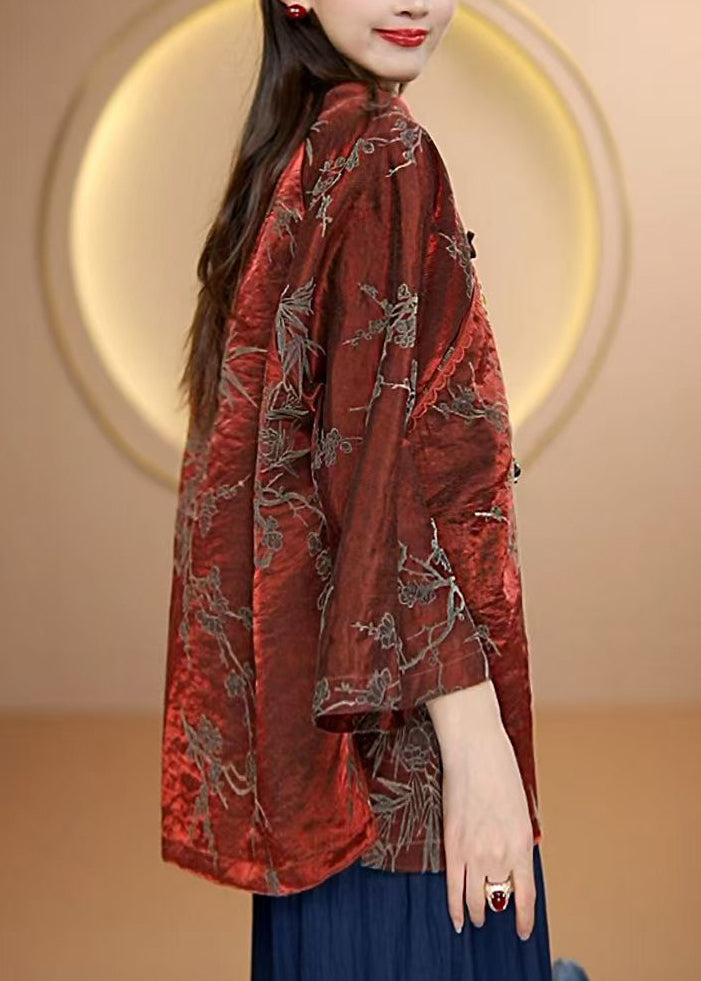 Vintage Red O Neck Oriental Button Jacquard Silk Top Fall