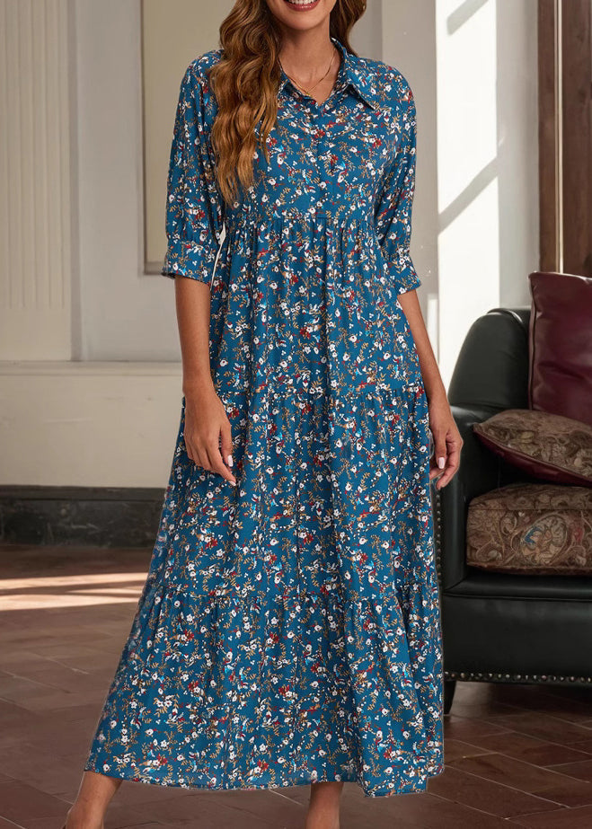 Vintage Red Peter Pan Collar Print Cotton Long Dress Half Sleeve