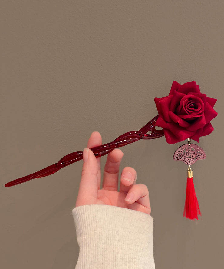 Vintage Red Rose Coloured Glaze Tassel Hairpin