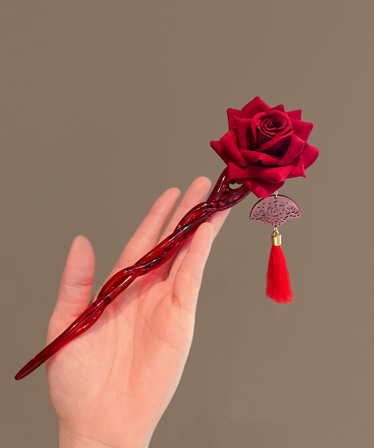 Vintage Red Rose Coloured Glaze Tassel Hairpin