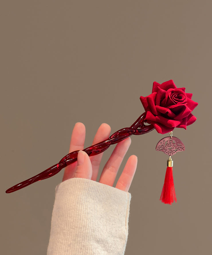 Vintage Red Rose Coloured Glaze Tassel Hairpin