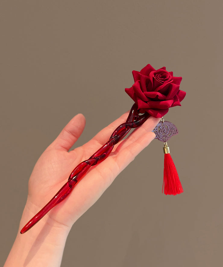 Vintage Red Rose Coloured Glaze Tassel Hairpin