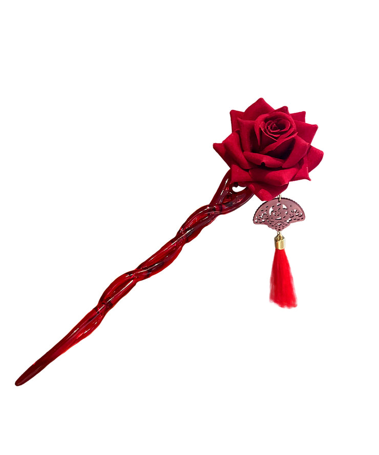 Vintage Red Rose Coloured Glaze Tassel Hairpin