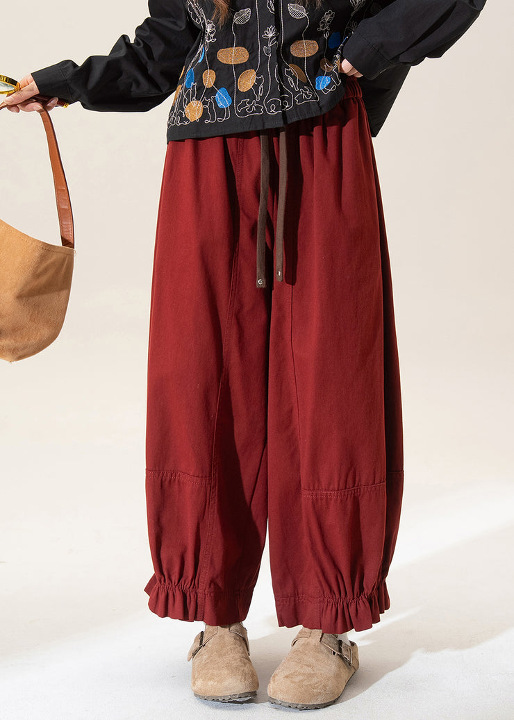 Vintage Red Ruffled Patchwork Solid Straight Pants