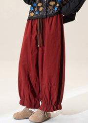 Vintage Red Ruffled Patchwork Solid Straight Pants