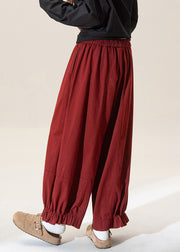 Vintage Red Ruffled Patchwork Solid Straight Pants