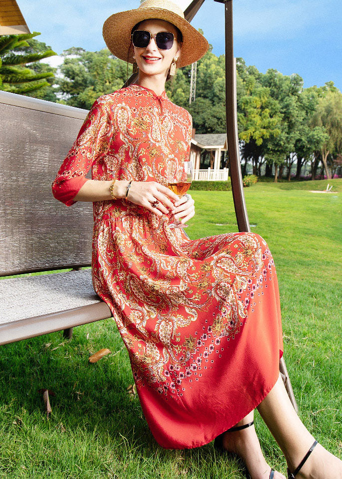 New Red Stand Collar Button Patchwork Cotton Dresses Fall ML0011