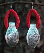 Vintage Red Sterling Silver Engrave Hoop Earrings