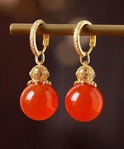 Vintage Red Sterling Silver Overgild Zircon Inlay Agate Drop Earrings