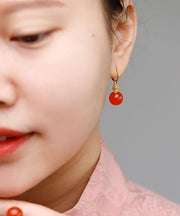 Vintage Red Sterling Silver Overgild Zircon Inlay Agate Drop Earrings