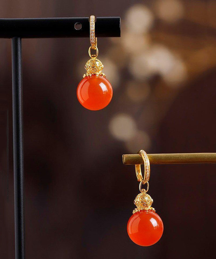 Vintage Red Sterling Silver Overgild Zircon Inlay Agate Drop Earrings