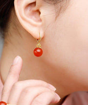 Vintage Red Sterling Silver Overgild Zircon Inlay Agate Drop Earrings