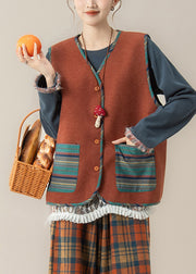 Vintage Red Striped Pockets Button Waistcoat And Top Two Piece Set Fall