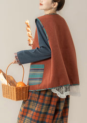 Vintage Red Striped Pockets Button Waistcoat And Top Two Piece Set Fall