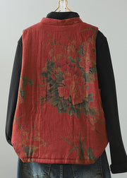 Vintage Red Tassel Print Patchwork Fine Cotton Filled Vest Winter