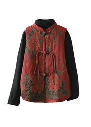 Vintage Red Tassel Print Patchwork Fine Cotton Filled Vest Winter