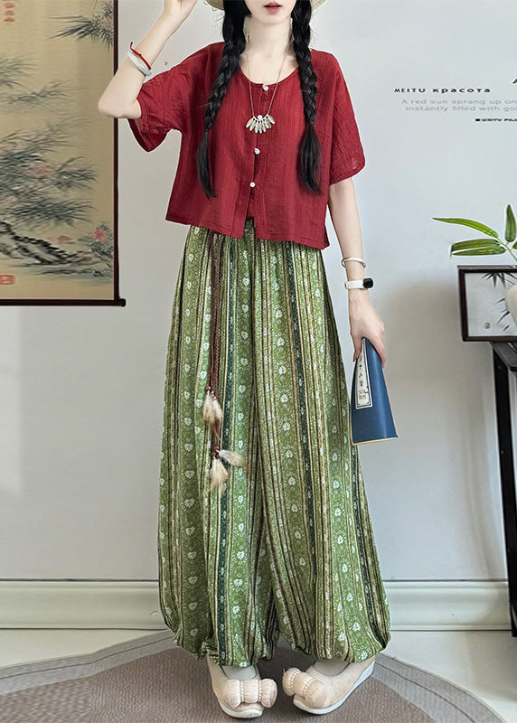 Vintage Red Tasseled Print Cotton Lantern Pants Fall