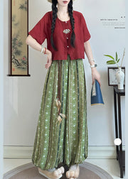 Vintage Red Tasseled Print Cotton Lantern Pants Fall