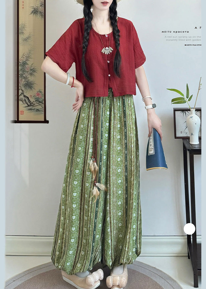 Vintage Red Tasseled Print Cotton Lantern Pants Fall
