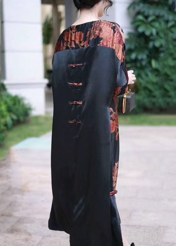 Vintage Red V Neck Print Silk Long Dress Summer