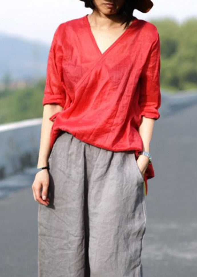Vintage Red tie waist V Neck asymmetrical design Linen top Three Quarter sleeve