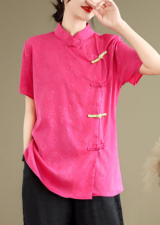 Vintage Rose Jacquard Chinese Button Silk Top Summer