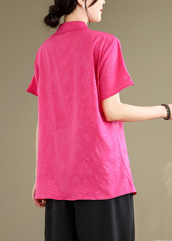 Vintage Rose Jacquard Chinese Button Silk Top Summer
