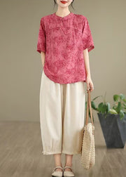 Vintage Rose Print Cotton Blouse Top Half Sleeve