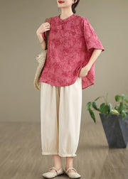 Vintage Rose Print Cotton Blouse Top Half Sleeve