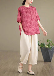 Vintage Rose Print Cotton Blouse Top Half Sleeve