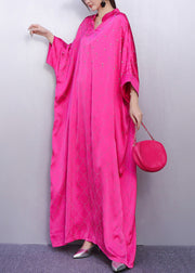 Vintage Rose Print Rhinestone Silk Vacation Dresses Batwing Sleeve