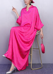 Vintage Rose Print Rhinestone Silk Vacation Dresses Batwing Sleeve