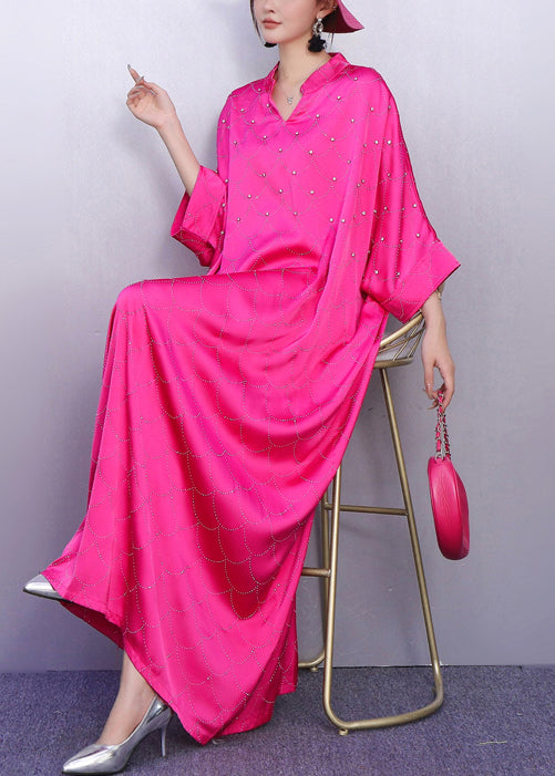 Vintage Rose Print Rhinestone Silk Vacation Dresses Batwing Sleeve