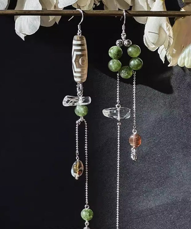 Vintage Silk Stergild Silver Crystal Agate Chalcedony Asymmetrical Tassel Drop Earrings