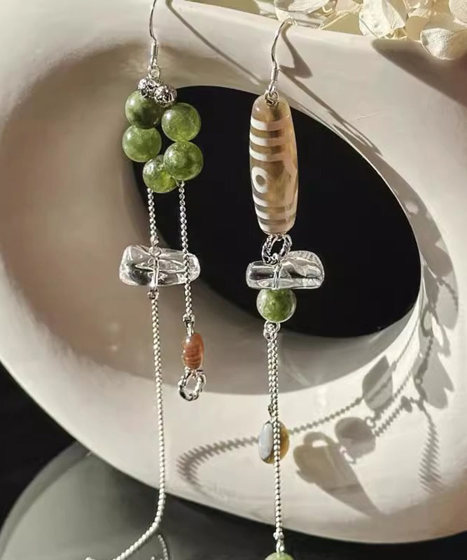 Vintage Silk Stergild Silver Crystal Agate Chalcedony Asymmetrical Tassel Drop Earrings