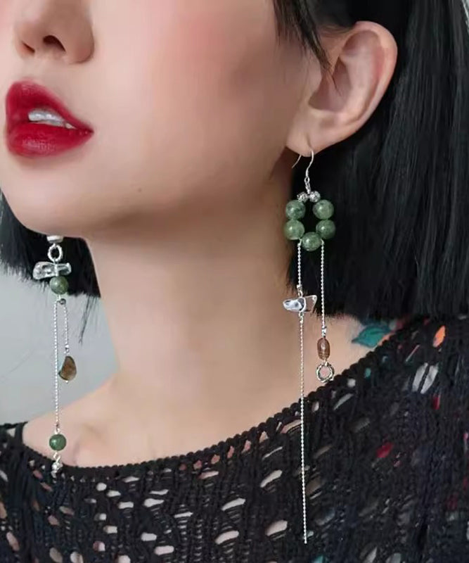 Vintage Silk Stergild Silver Crystal Agate Chalcedony Asymmetrical Tassel Drop Earrings