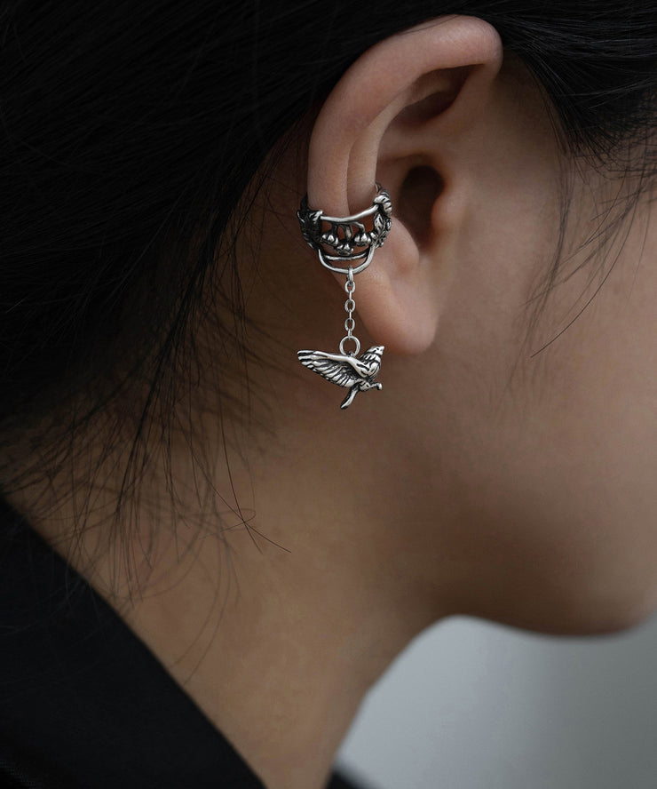 Vintage Silk Sterling Silver Floral Leaf Flying Bird Tassel Drop Earrings