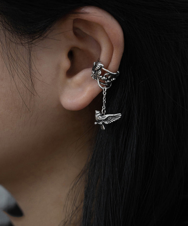 Vintage Silk Sterling Silver Floral Leaf Flying Bird Tassel Drop Earrings