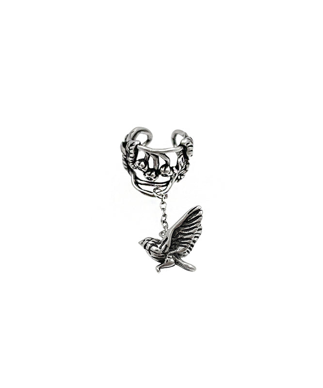 Vintage Silk Sterling Silver Floral Leaf Flying Bird Tassel Drop Earrings