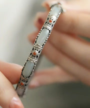 Vintage Silk Sterling Silver Jade Agate Hollow Out Bangle