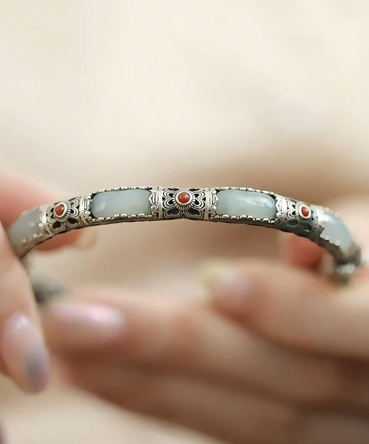 Vintage Silk Sterling Silver Jade Agate Hollow Out Bangle