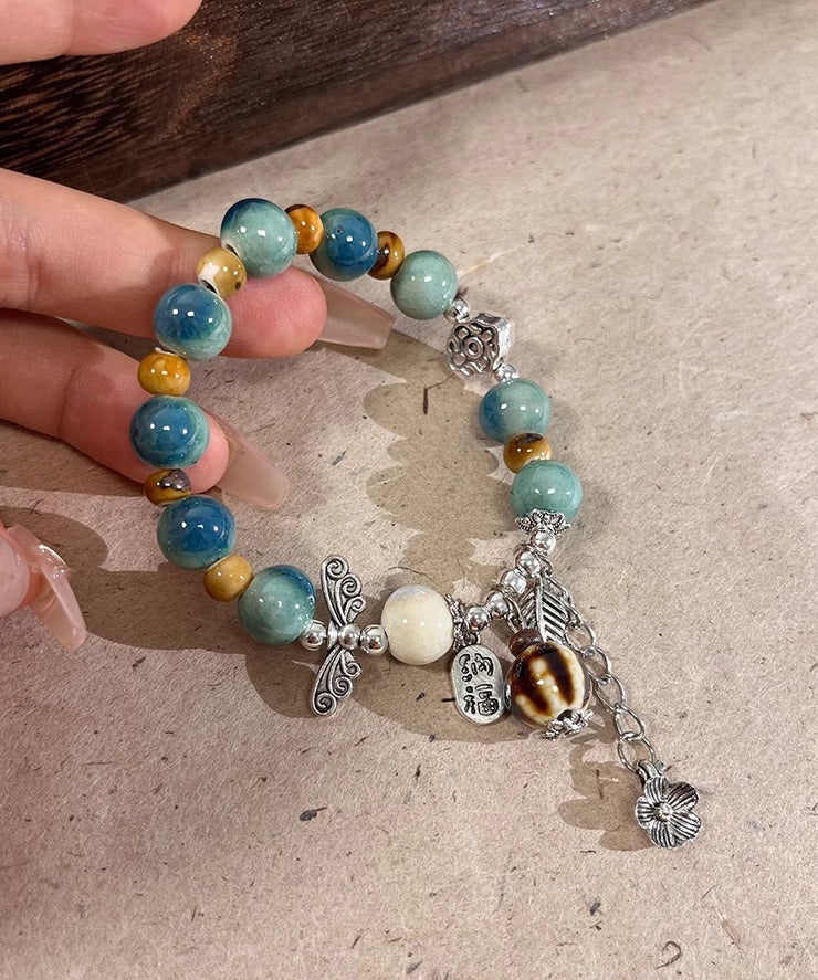 Vintage Silk Sterling Silver Jade Ceramics Beads Charm Bracelet