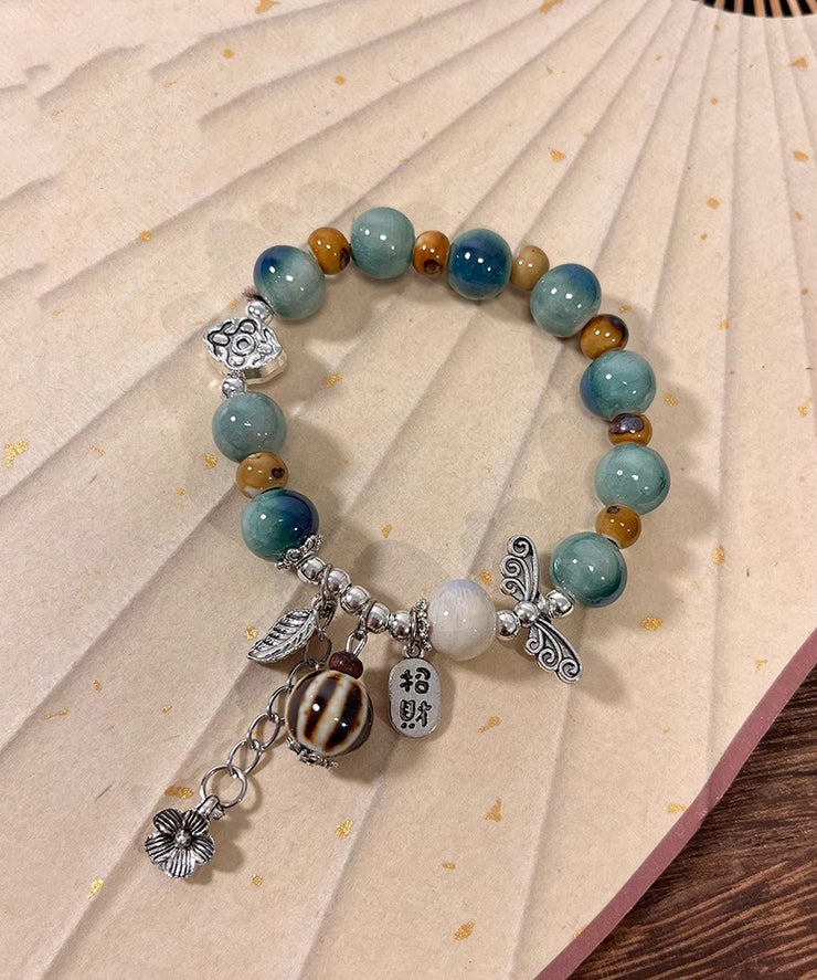 Vintage Silk Sterling Silver Jade Ceramics Beads Charm Bracelet